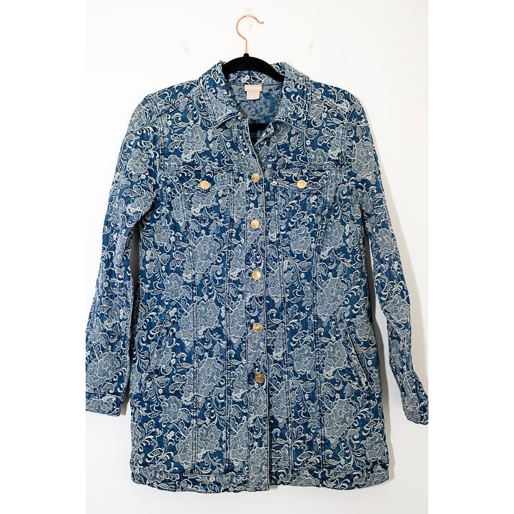 Chico's Long Jean Jacket floral embroidered Denim 0 S 4/6